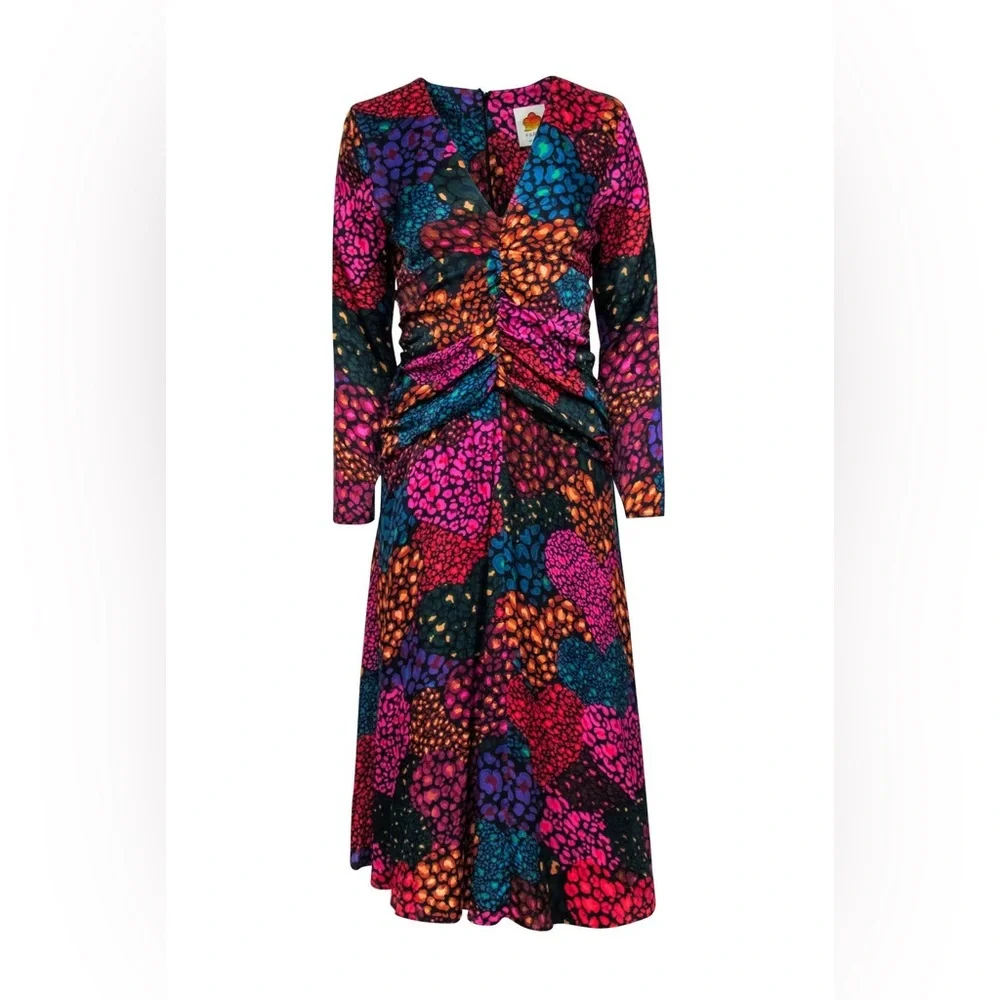 Farm Rio - Blue Multi Color Leopard Print Ruched Midi Dress - Picture 1 of 5